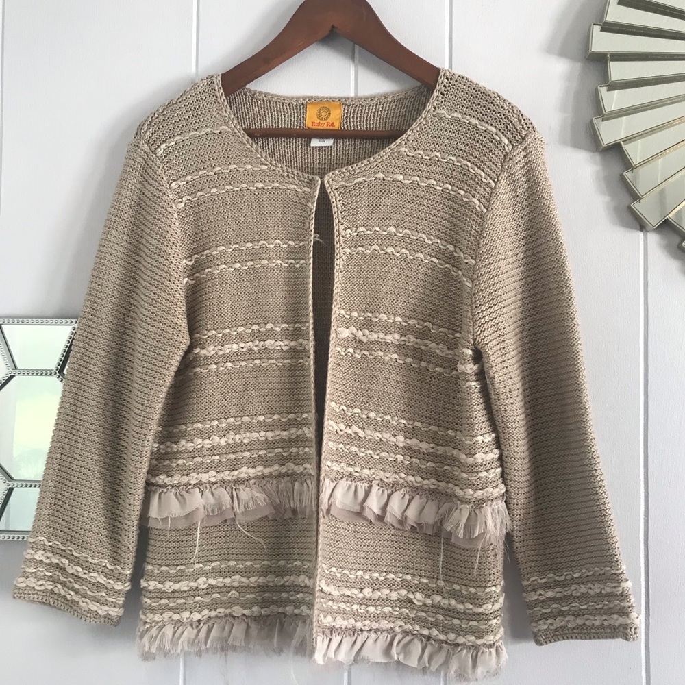 Ruby Rd Beige Distressed Ruffle Cardigan M